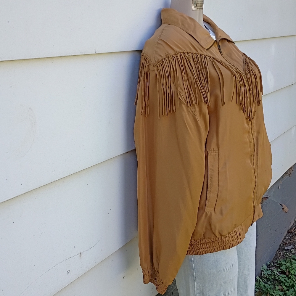 💪🏾SOLD💪🏾 Brown Silk Fringe Bomber Jacket - Picture 3 of 6